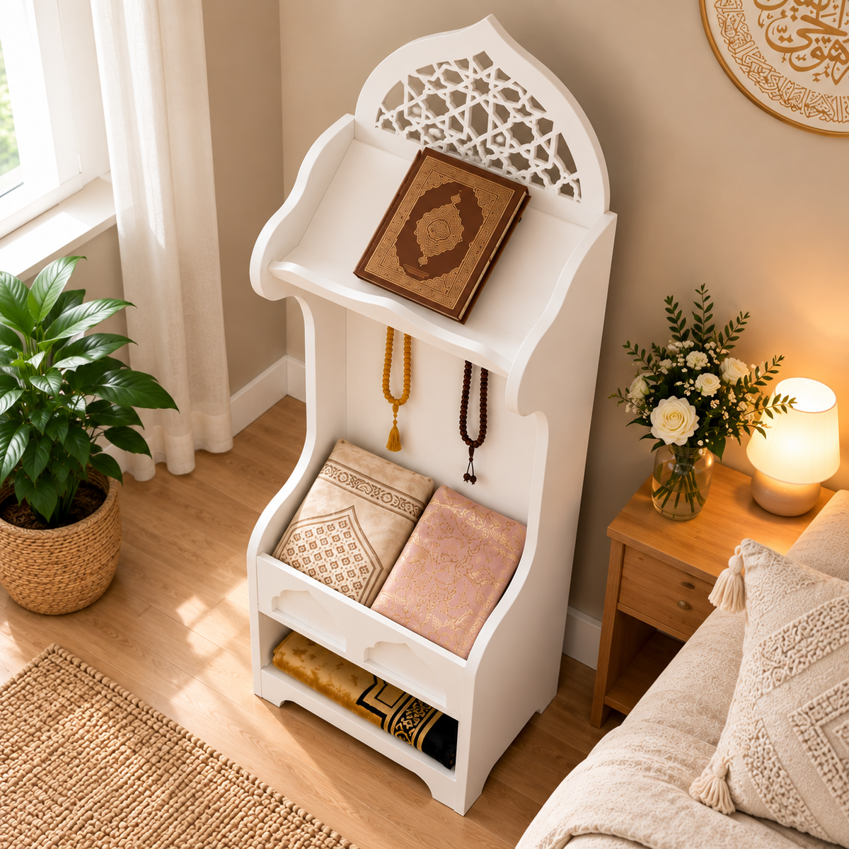 White Wooden Quran Stand & Prayer Storage Cabinet