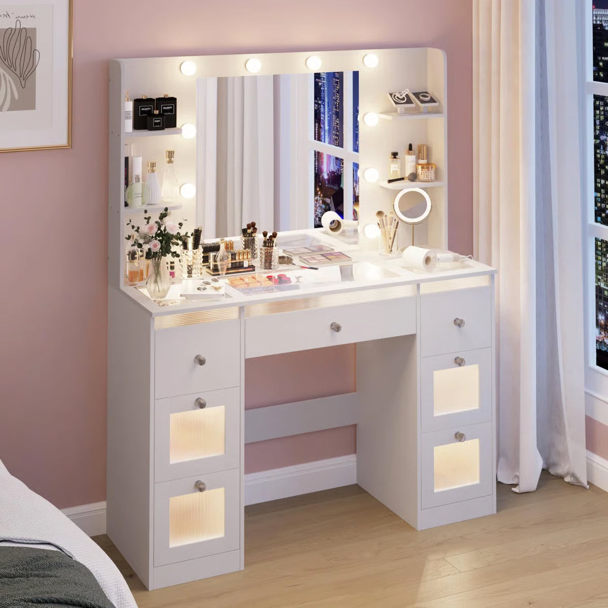 White Makeup Vanity Table with Lighted Mirror – Glass Top, 7 Drawers, 4 Shelves & 3-Color LED Lights-OUCH CART |Dressing table