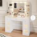 White Makeup Vanity Table with Lighted Mirror – Glass Top, 7 Drawers, 4 Shelves & 3-Color LED Lights