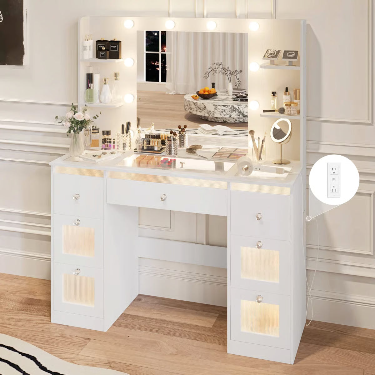 White Makeup Vanity Table with Lighted Mirror – Glass Top, 7 Drawers, 4 Shelves & 3-Color LED Lights-OUCH CART |Dressing table