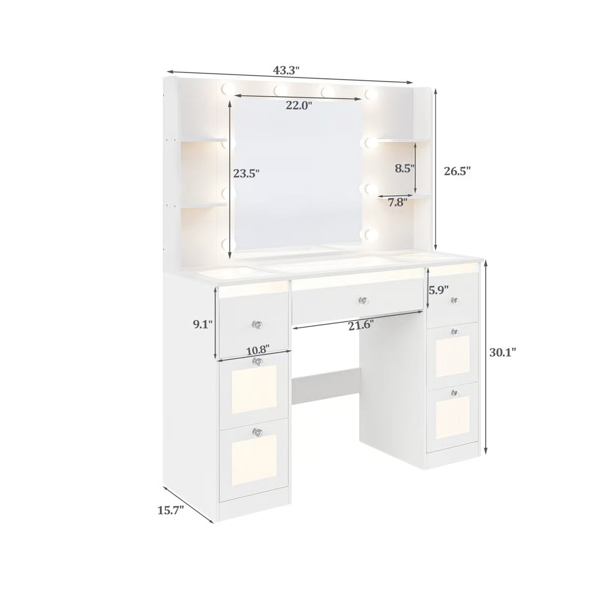 White Makeup Vanity Table with Lighted Mirror – Glass Top, 7 Drawers, 4 Shelves & 3-Color LED Lights