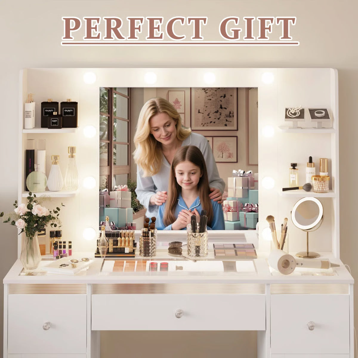 White Makeup Vanity Table with Lighted Mirror – Glass Top, 7 Drawers, 4 Shelves & 3-Color LED Lights