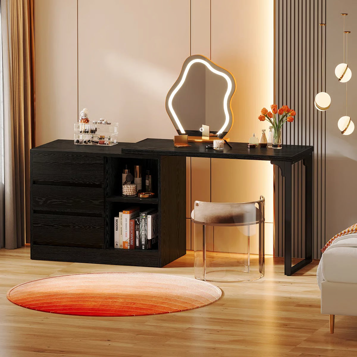 White Bedroom Vanity Table – Makeup Desk with 3 Drawers & Open Shelves