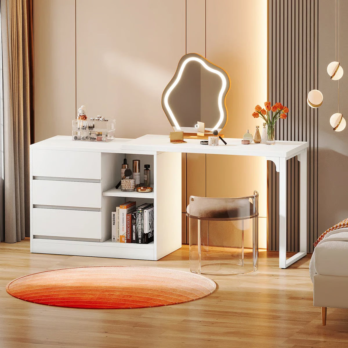 White Bedroom Vanity Table – Makeup Desk with 3 Drawers & Open Shelves