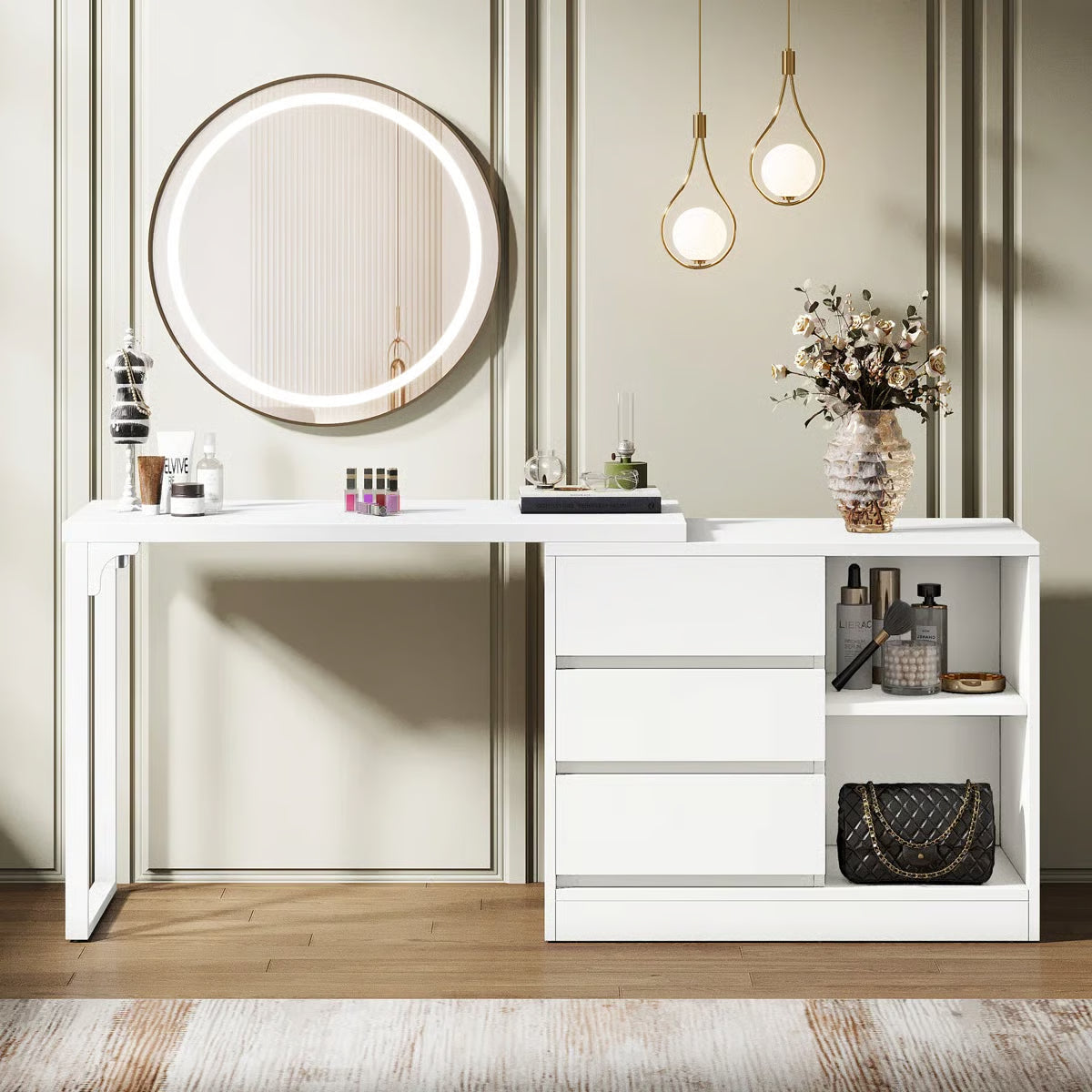 White Bedroom Vanity Table – Makeup Desk with 3 Drawers & Open Shelves-OUCH CART |Dressing table
