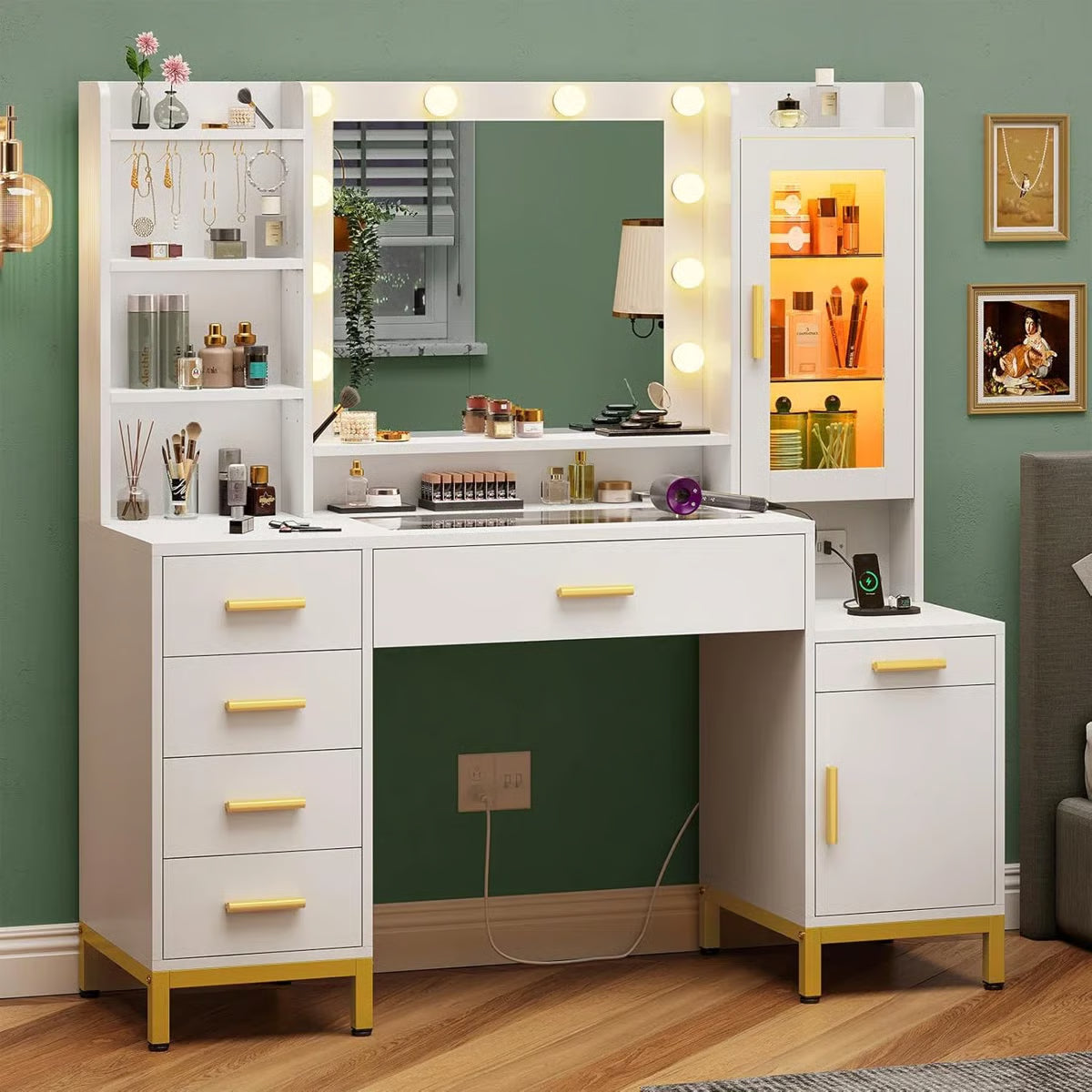 Elegant White Vanity Desk with Mirror and Power Outlet – Makeup Station- OUCH CART | Dressing table
