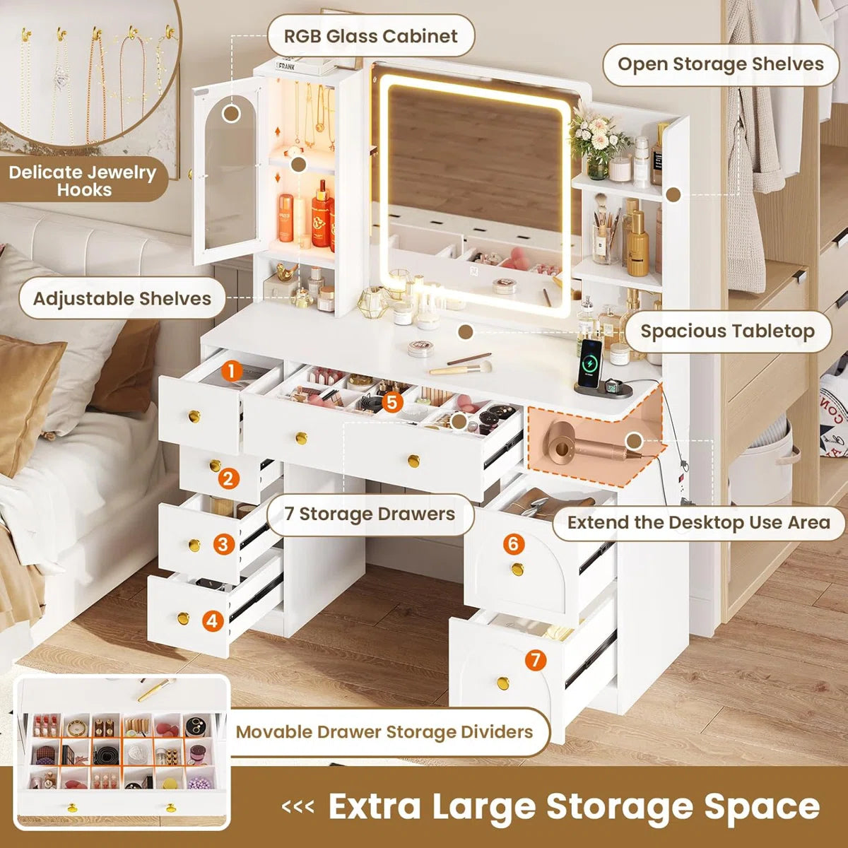 White Makeup Vanity Desk with LED Mirror, 7 Storage Drawers, RGB Glass Cabinet, Adjustable Lights, and Charging Station-OUCH CART |Dressing table