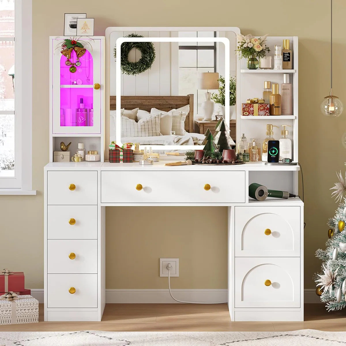 White Makeup Vanity Desk with LED Mirror, 7 Storage Drawers, RGB Glass Cabinet, Adjustable Lights, and Charging Station-OUCH CART |Dressing table