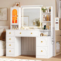 White Makeup Vanity Desk with LED Mirror, 7 Storage Drawers, RGB Glass Cabinet, Adjustable Lights, and Charging Station