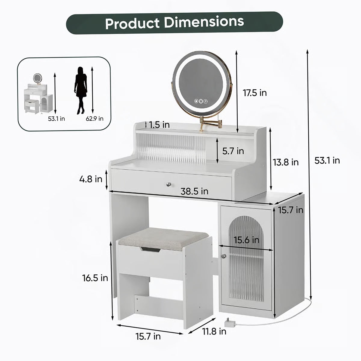 360° Mirror White Vanity Desk – Adjustable Lights, Makeup Table with Storage Chair for Girls