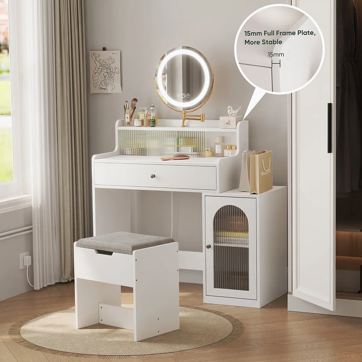 
360° Mirror White Vanity Desk – Adjustable Lights, Makeup Table with Storage Chair for Girls-OUCH CART |Dressing table 