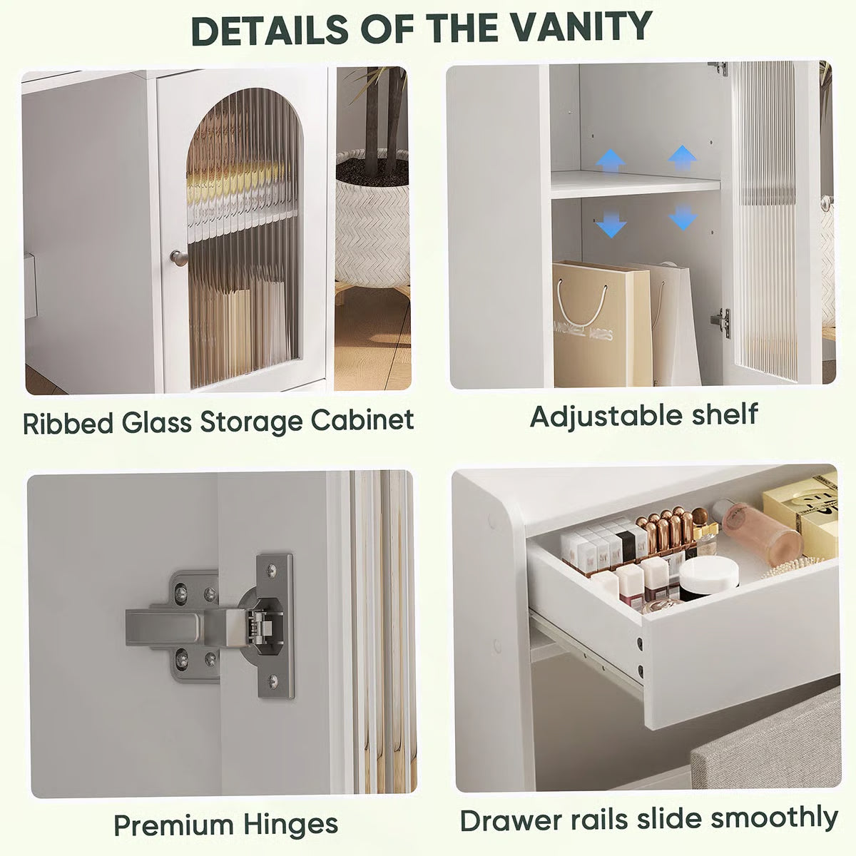 360° Mirror White Vanity Desk – Adjustable Lights, Makeup Table with Storage Chair for Girls