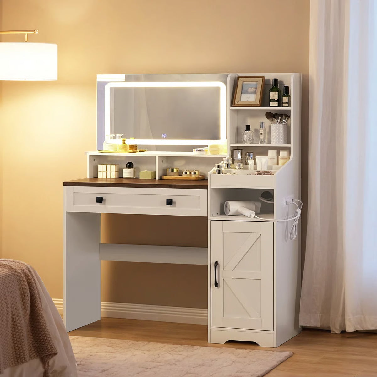 White Makeup Vanity Desk 41.5" with LED Mirror, Power Outlet, and Modern Farmhouse Design-OUCH CART |Dressing table