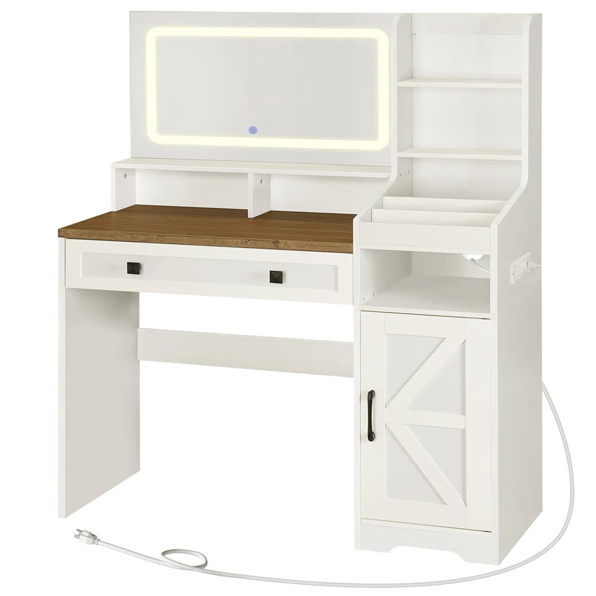 White Makeup Vanity Desk 41.5" with LED Mirror, Power Outlet, and Modern Farmhouse Design-OUCH CART |Dressing table