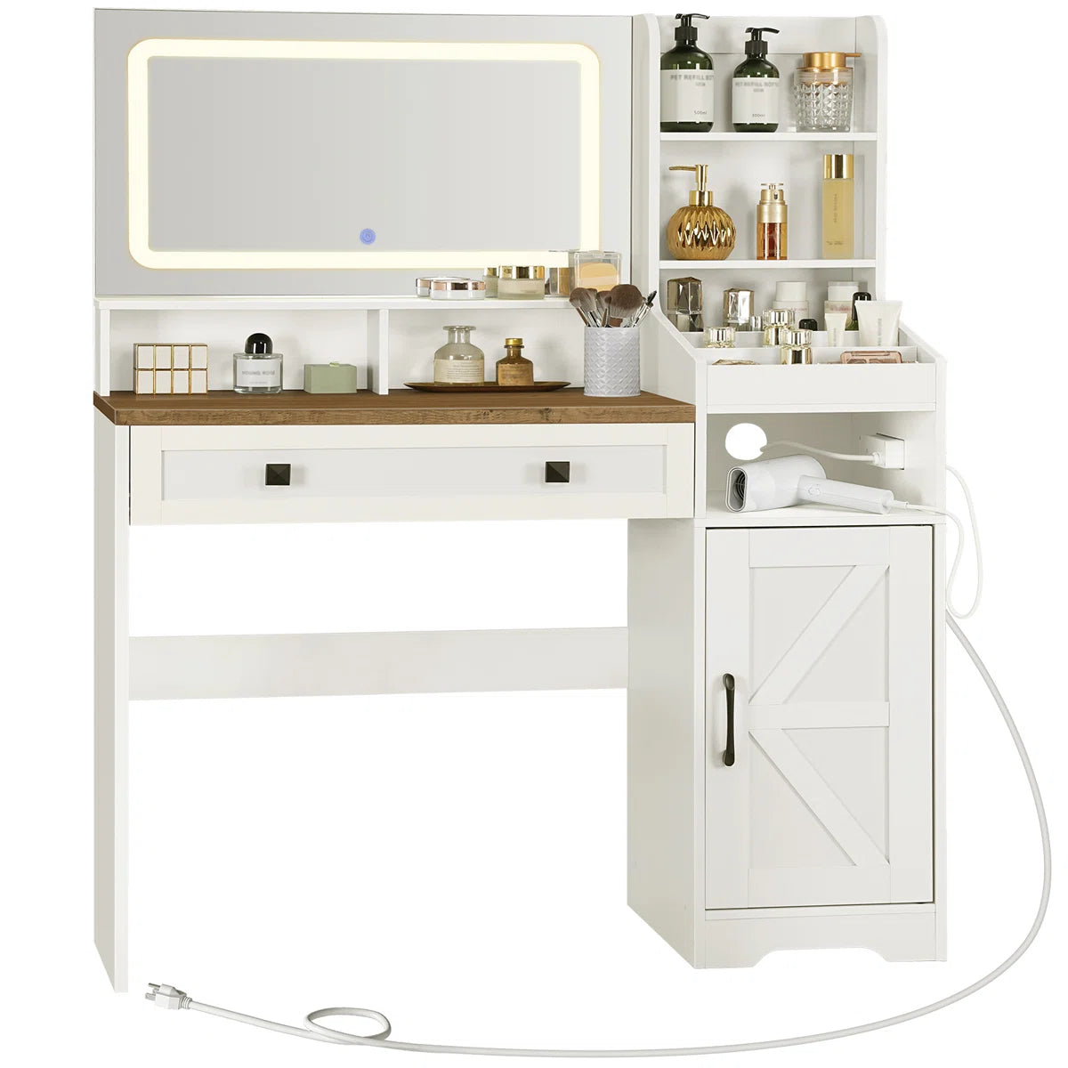 Modern LED Makeup Vanity with Adjustable Lighting, Spacious Storage & Built-In Power Strip – White/Walnut