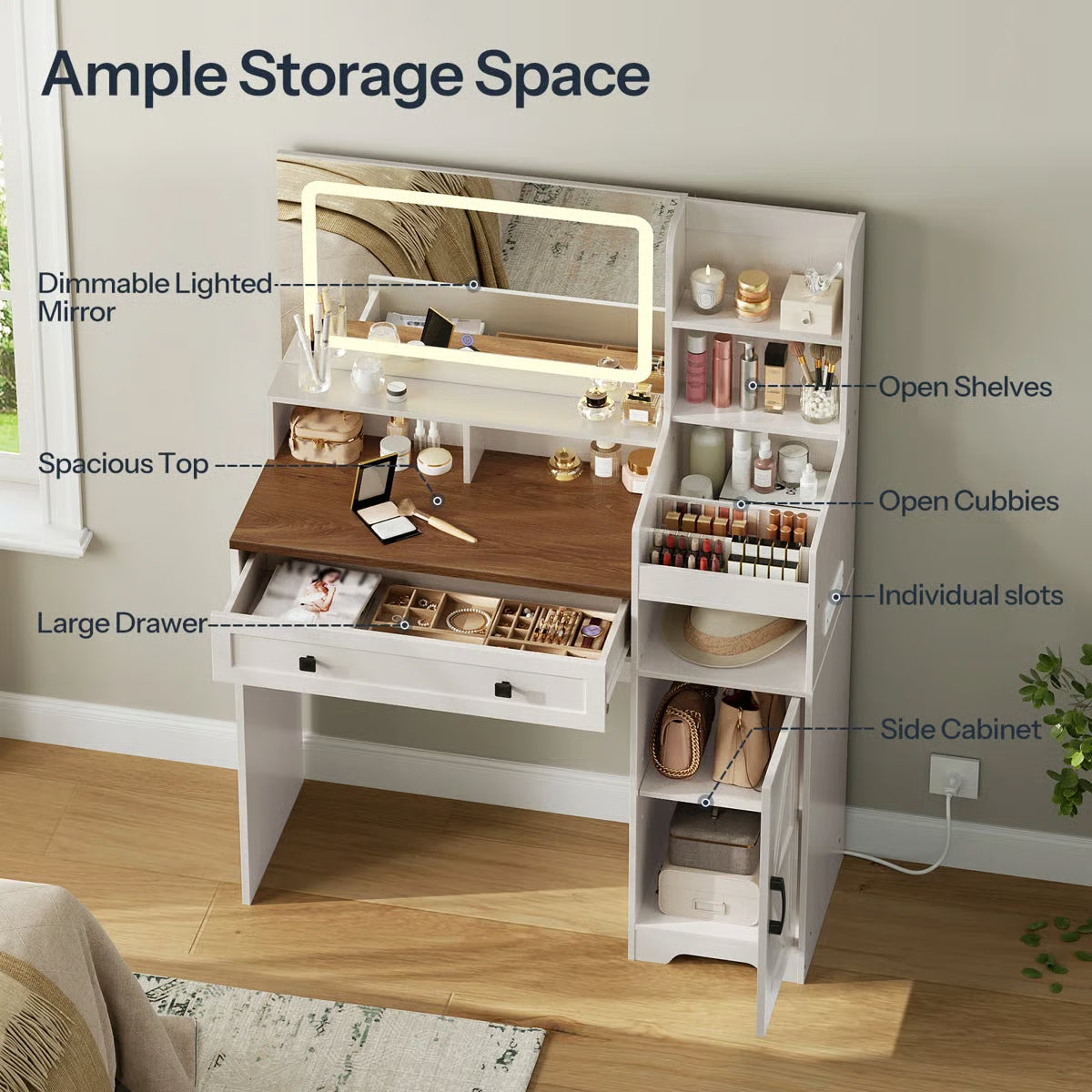 White Makeup Vanity Desk 41.5" with LED Mirror, Power Outlet, and Modern Farmhouse Design