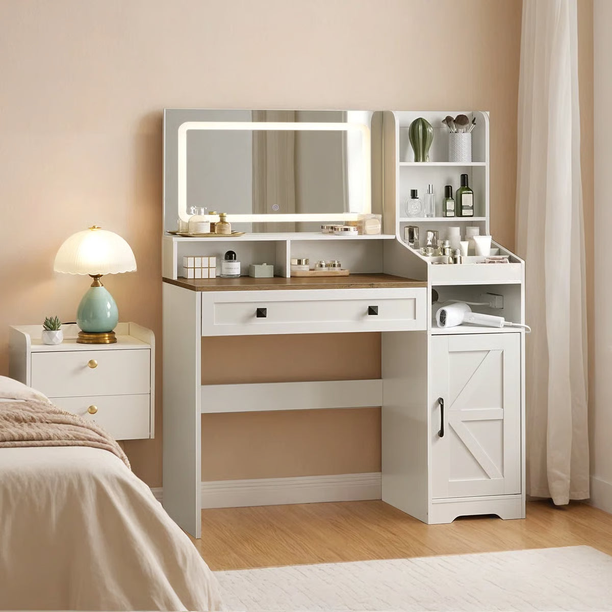 White Makeup Vanity Desk 41.5" with LED Mirror, Power Outlet, and Modern Farmhouse Design-OUCH CART |Dressing table