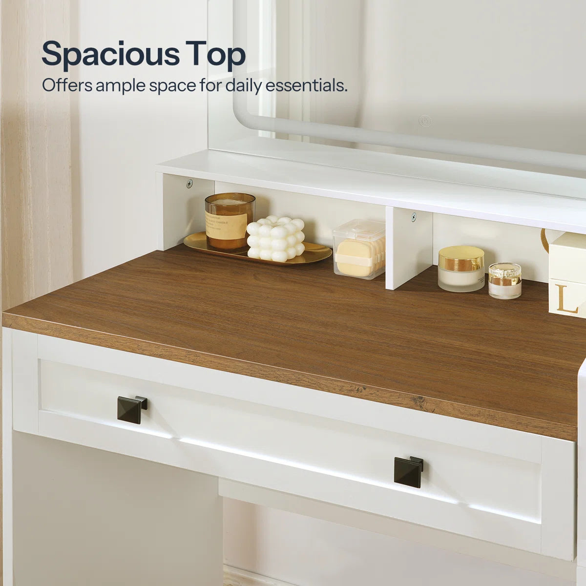 Modern LED Makeup Vanity with Adjustable Lighting, Spacious Storage & Built-In Power Strip – White/Walnut
