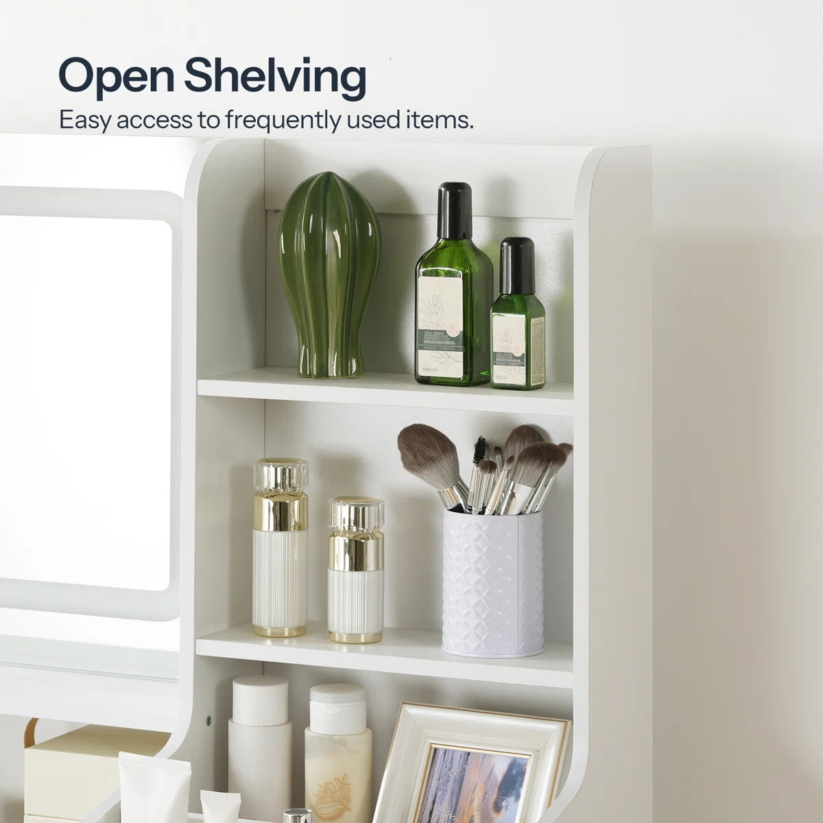 Modern LED Makeup Vanity with Adjustable Lighting, Spacious Storage & Built-In Power Strip – White/Walnut