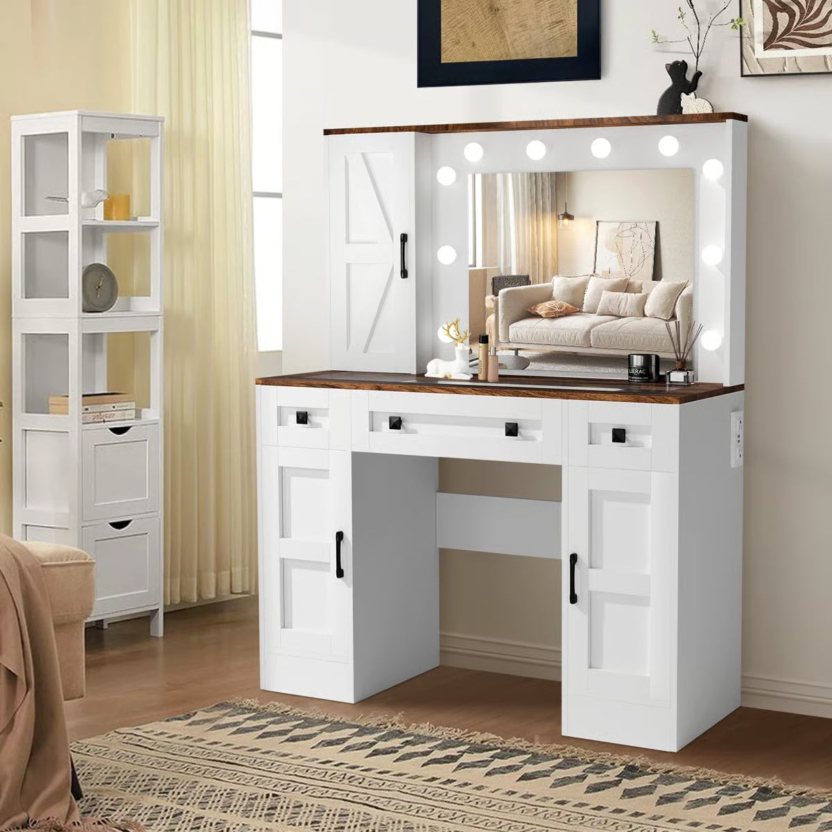 Winston Porter White Rustic Vanity Table – Farmhouse Makeup Desk with LED Mirror, 3 Drawers & 3 Cabinets-OUCH CART |Dressing table