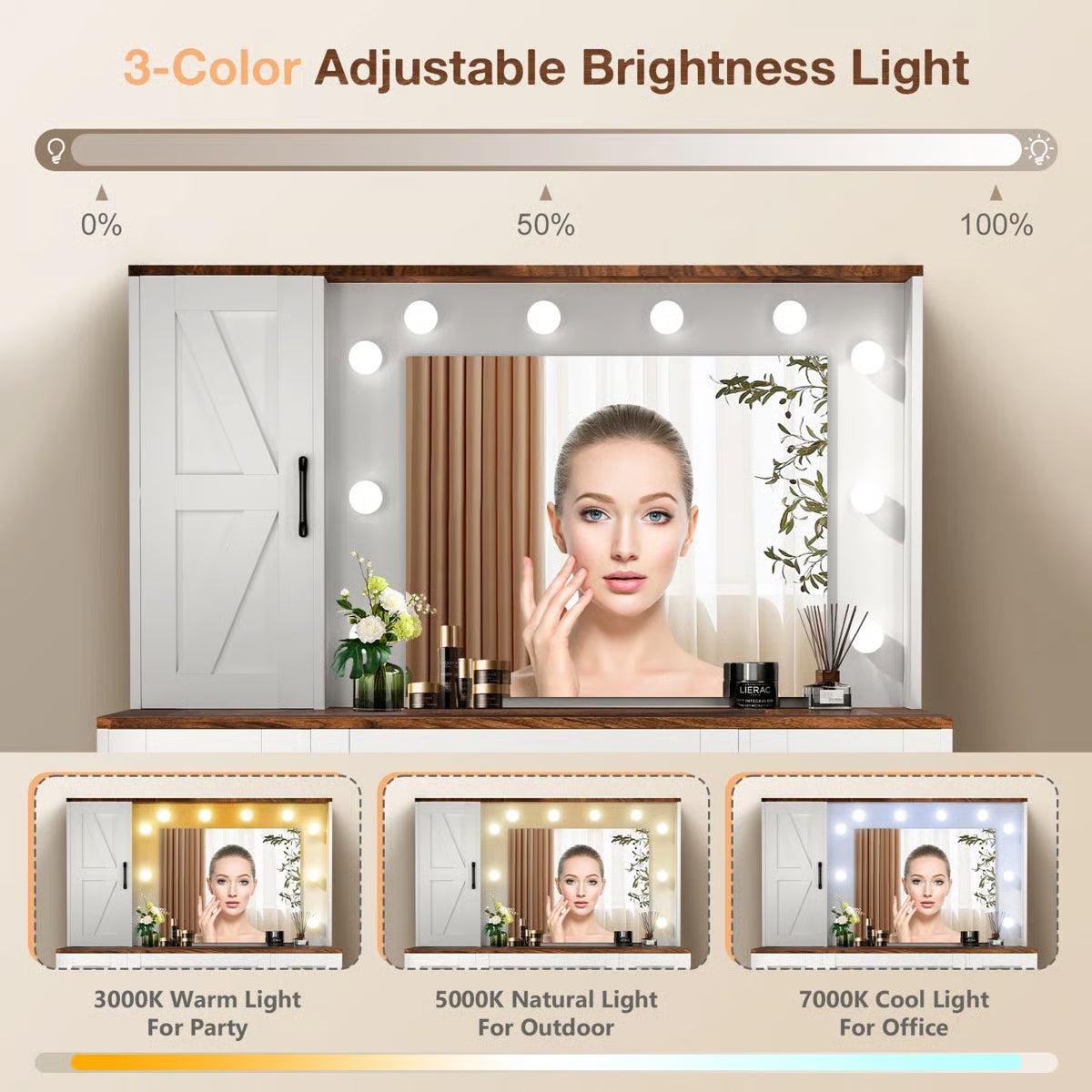 Winston Porter White Rustic Vanity Table – Farmhouse Makeup Desk with LED Mirror, 3 Drawers & 3 Cabinets