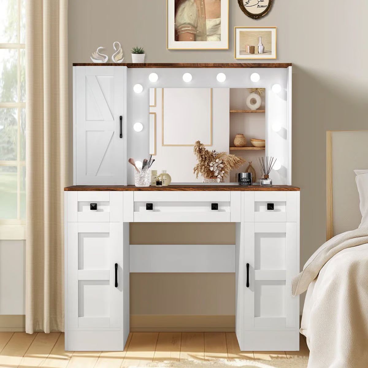 Winston Porter White Rustic Vanity Table – Farmhouse Makeup Desk with LED Mirror, 3 Drawers & 3 Cabinets