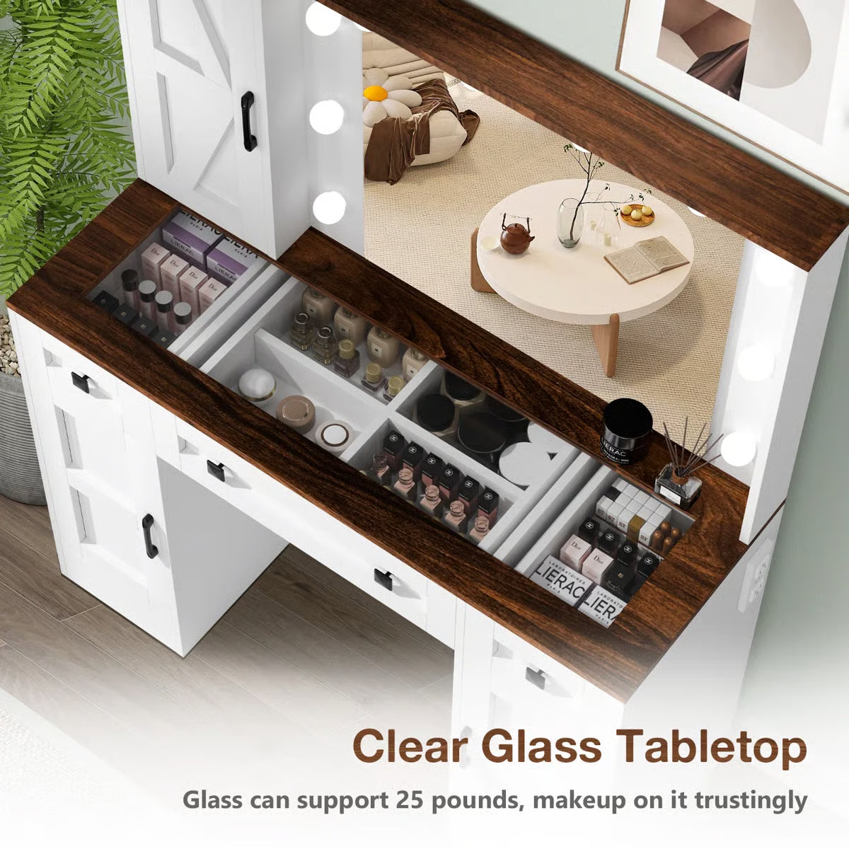 Winston Porter White Rustic Vanity Table – Farmhouse Makeup Desk with LED Mirror, 3 Drawers & 3 Cabinets-OUCH CART |Dressing table