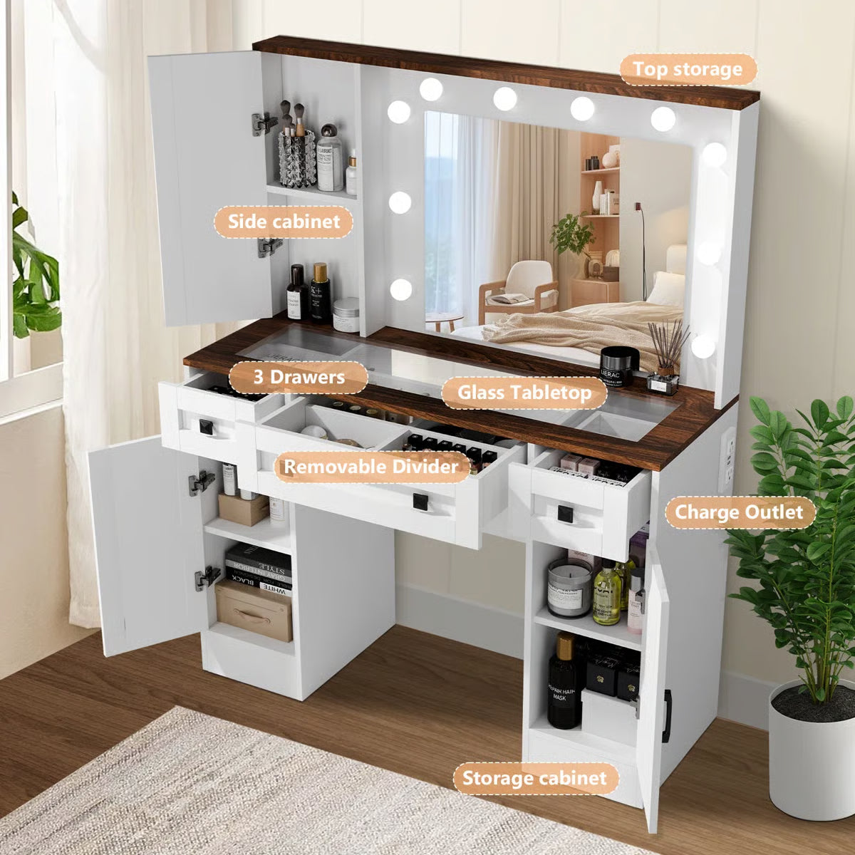 Winston Porter White Rustic Vanity Table – Farmhouse Makeup Desk with LED Mirror, 3 Drawers & 3 Cabinets