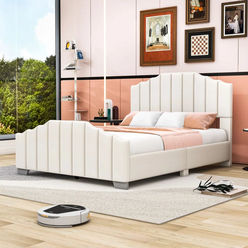 Wood Platform Bed with Upholstered Headboard and Slats