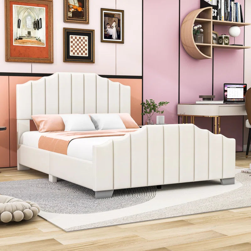Wood Platform Bed with Upholstered Headboard and Slats