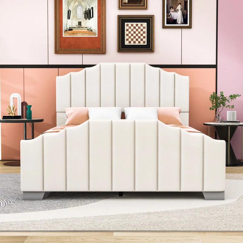 Wood Platform Bed with Upholstered Headboard and Slats
