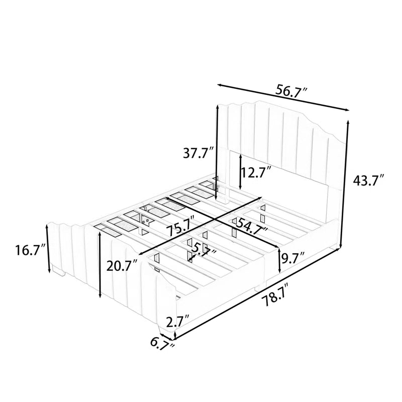 Wood Platform Bed with Upholstered Headboard and Slats