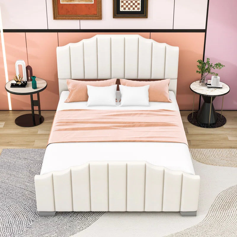 Wood Platform Bed with Upholstered Headboard and Slats
