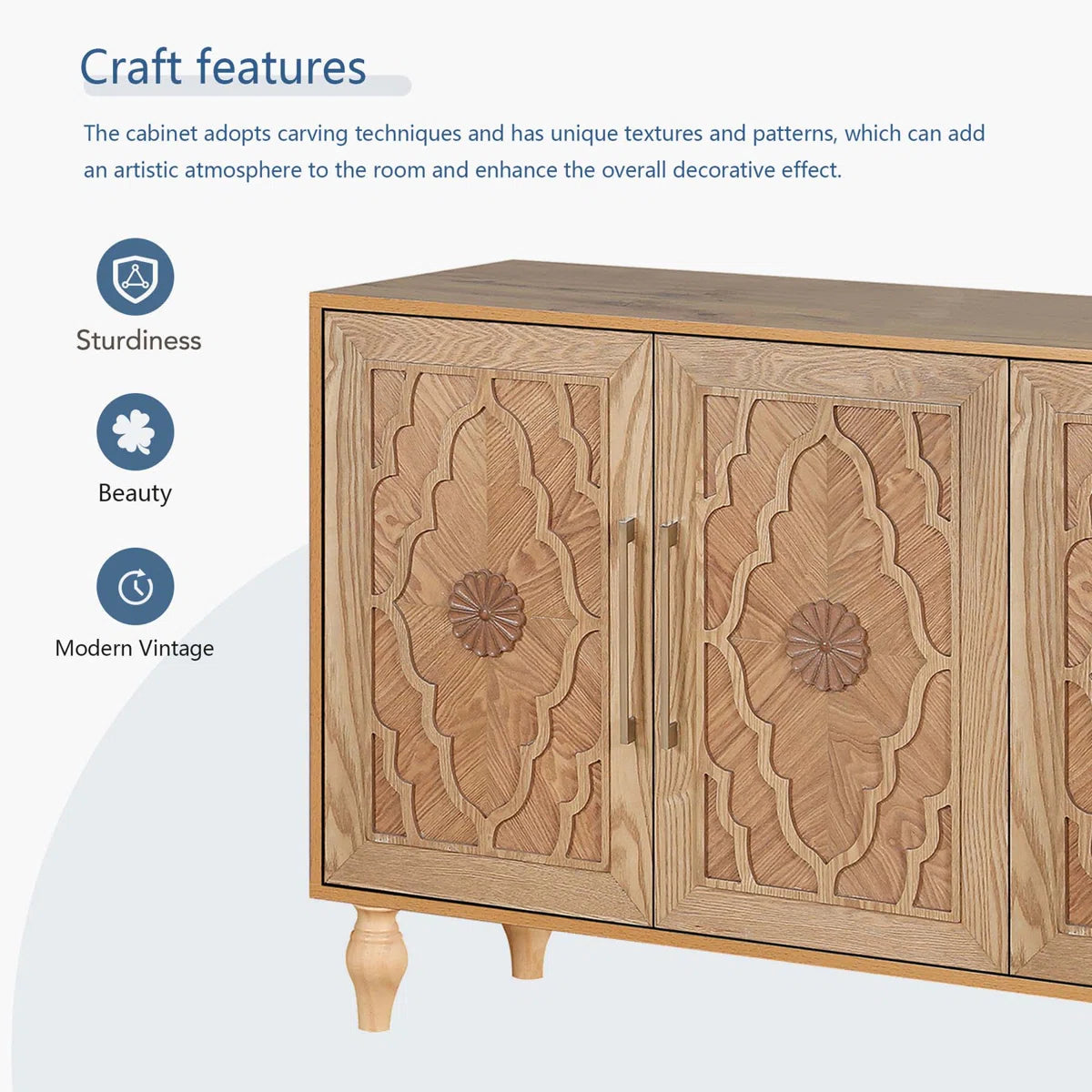 Wood Storage Cabinet with Carved Door and Metal Handle, Versatile and Stylish for Home Decor
