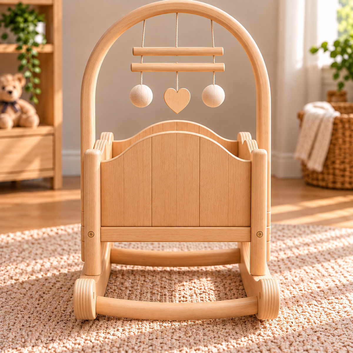 Wooden Baby Rocking Cradle with Arch Frame, Natural Wood Baby Crib with Curved Rocker Base, Soft Mattress and Hanging Musical Mobile, Modern Nursery Furniture for Baby Room