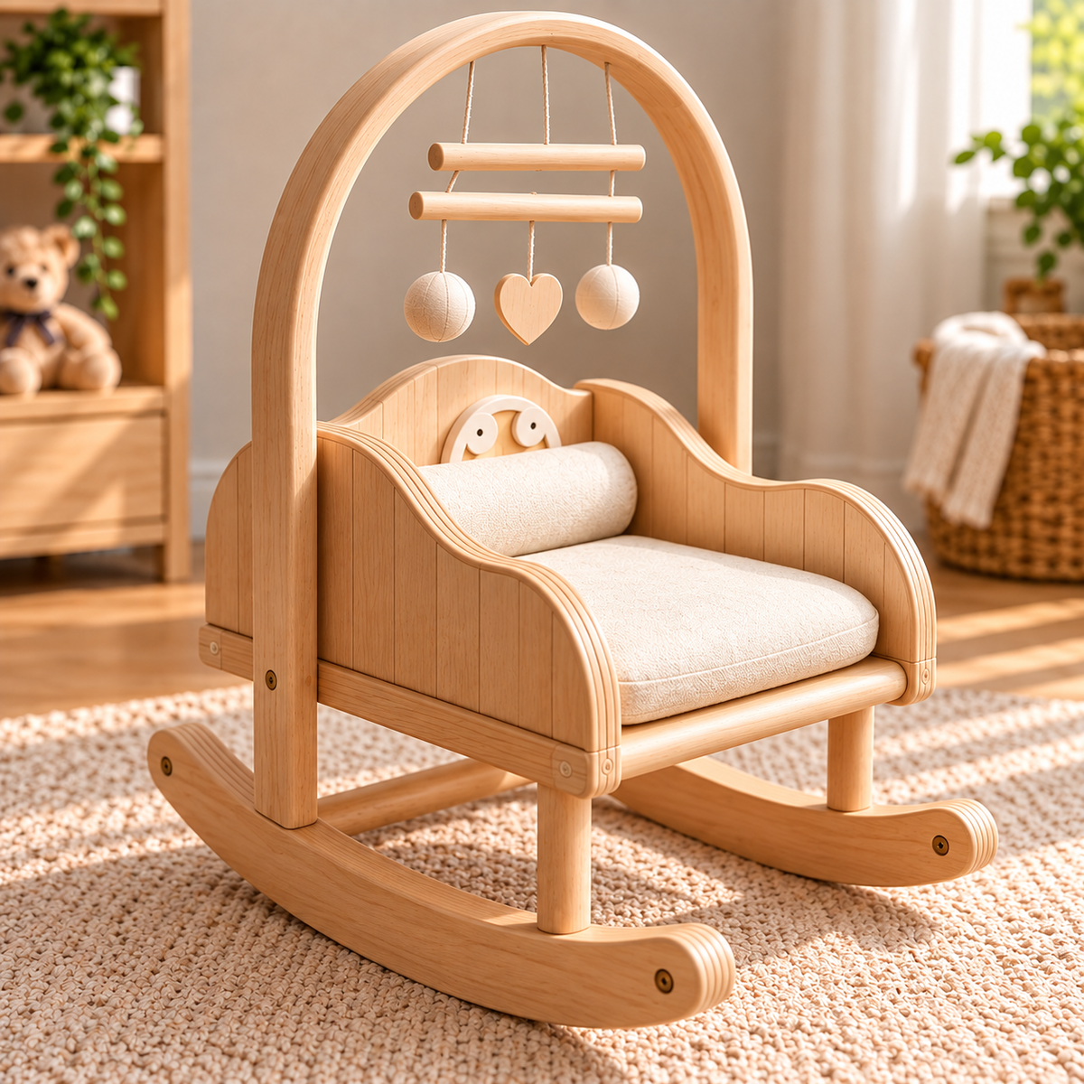 Wooden Baby Rocking Cradle with Arch Frame, Natural Wood Baby Crib with Curved Rocker Base, Soft Mattress and Hanging Musical Mobile, Modern Nursery Furniture for Baby Room