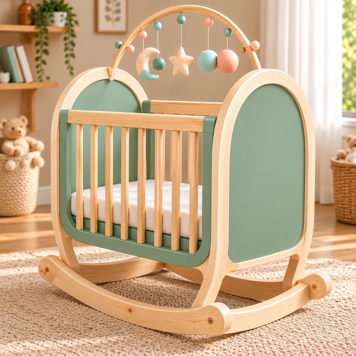Wooden Baby Rocking Cradle with Sage Green Finish, Modern Baby Crib with Curved Rocker Base, Wooden Slats, Soft Mattress and Hanging Musical Mobile, Elegant Nursery Furniture