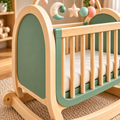 Wooden Baby Rocking Cradle with Sage Green Finish, Modern Baby Crib with Curved Rocker Base, Wooden Slats, Soft Mattress and Hanging Musical Mobile, Elegant Nursery Furniture