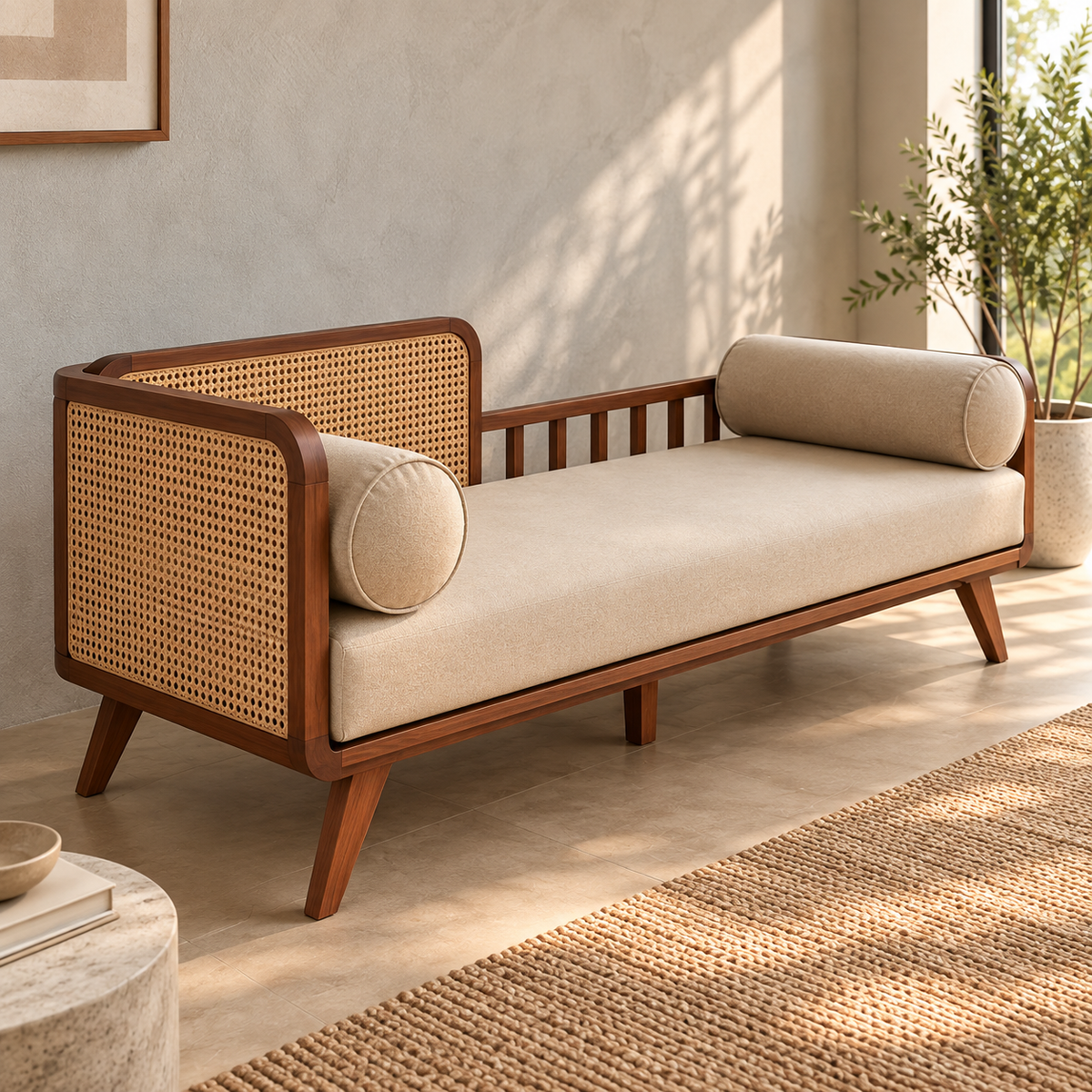 Wooden Cane Daybed Sofa with Beige Upholstery & Bolster Pillows | Mid-Century Modern 3 Seater Sofa for Living Room, Bedroom & Lounge