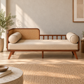 Wooden Cane Daybed Sofa with Beige Upholstery & Bolster Pillows | Mid-Century Modern 3 Seater Sofa for Living Room, Bedroom & Lounge