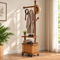 Wooden Coat Rack with Wicker Storage Basket, Freestanding Hall Tree with Hanging Hooks, 2-Tier Shelves and Wheels, Multipurpose Entryway Organizer for Home, Bedroom and Living Room