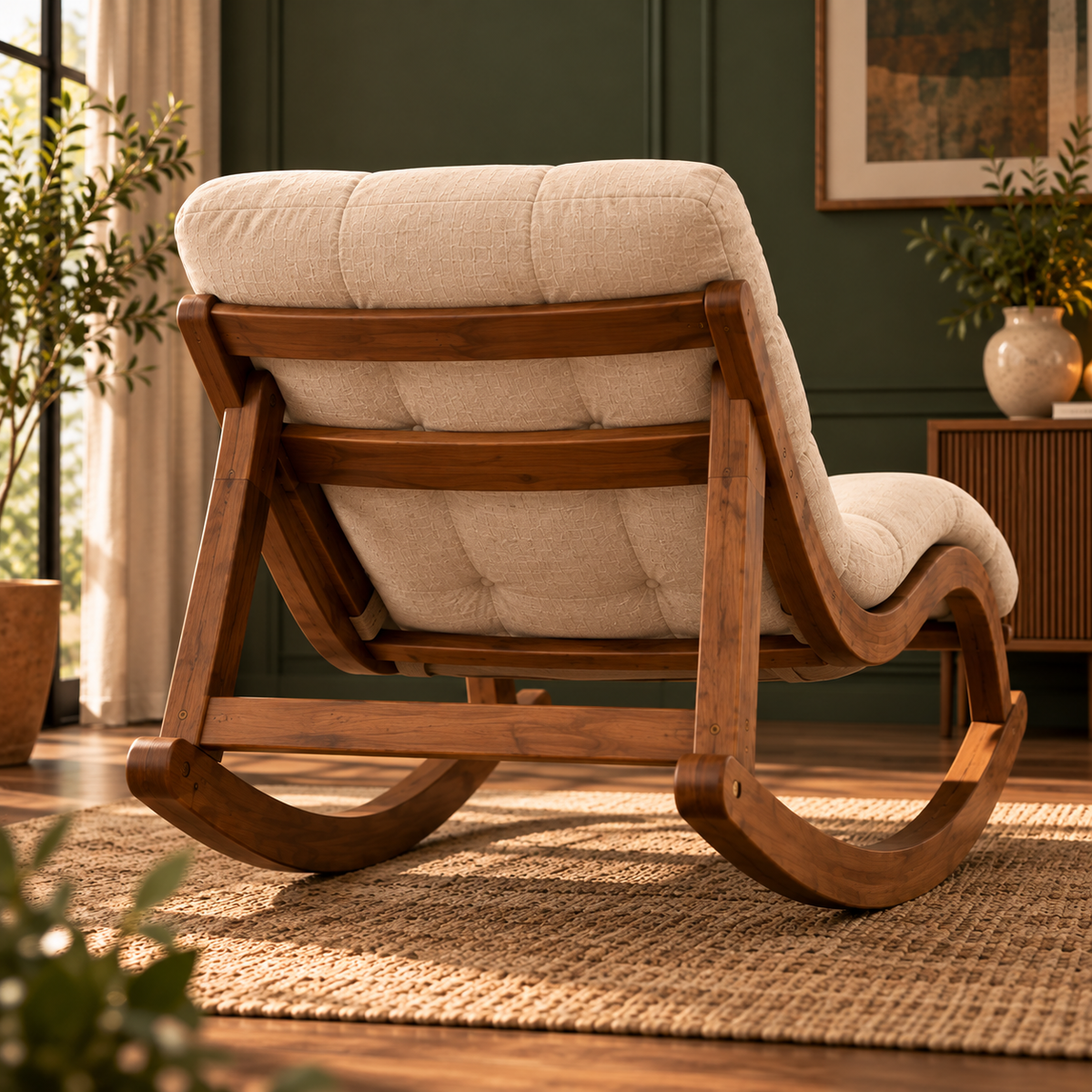 Wooden Rocking Chaise Lounge Chair with Tufted Beige Cushion, Walnut Finish Recliner for Living Room and Bedroom