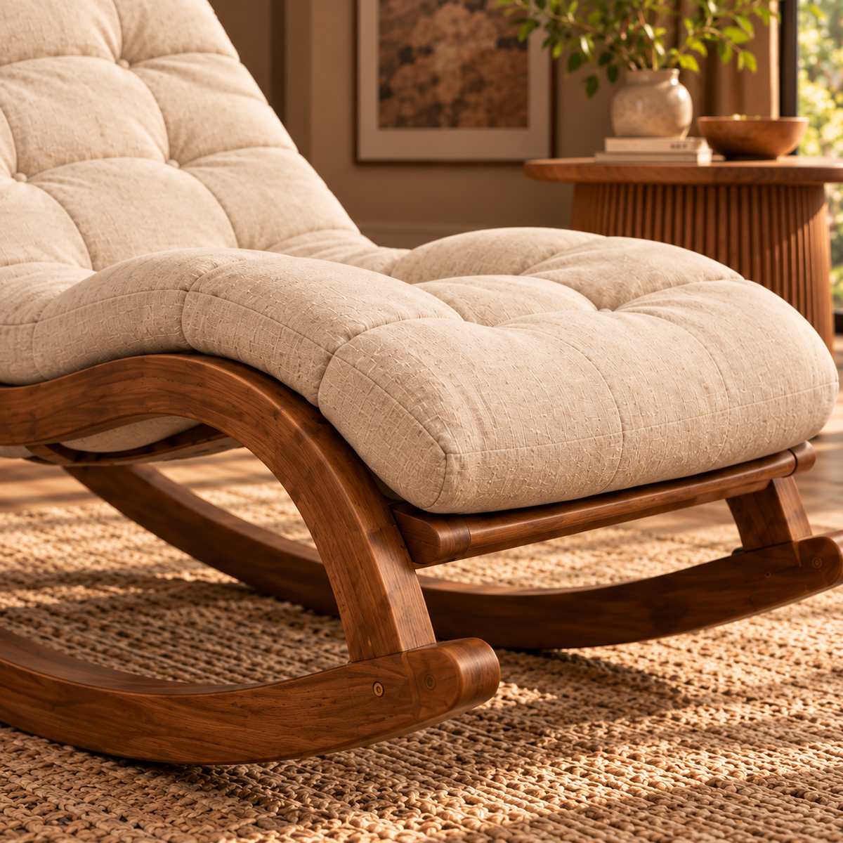 Wooden Rocking Chaise Lounge Chair with Tufted Beige Cushion, Walnut Finish Recliner for Living Room and Bedroom