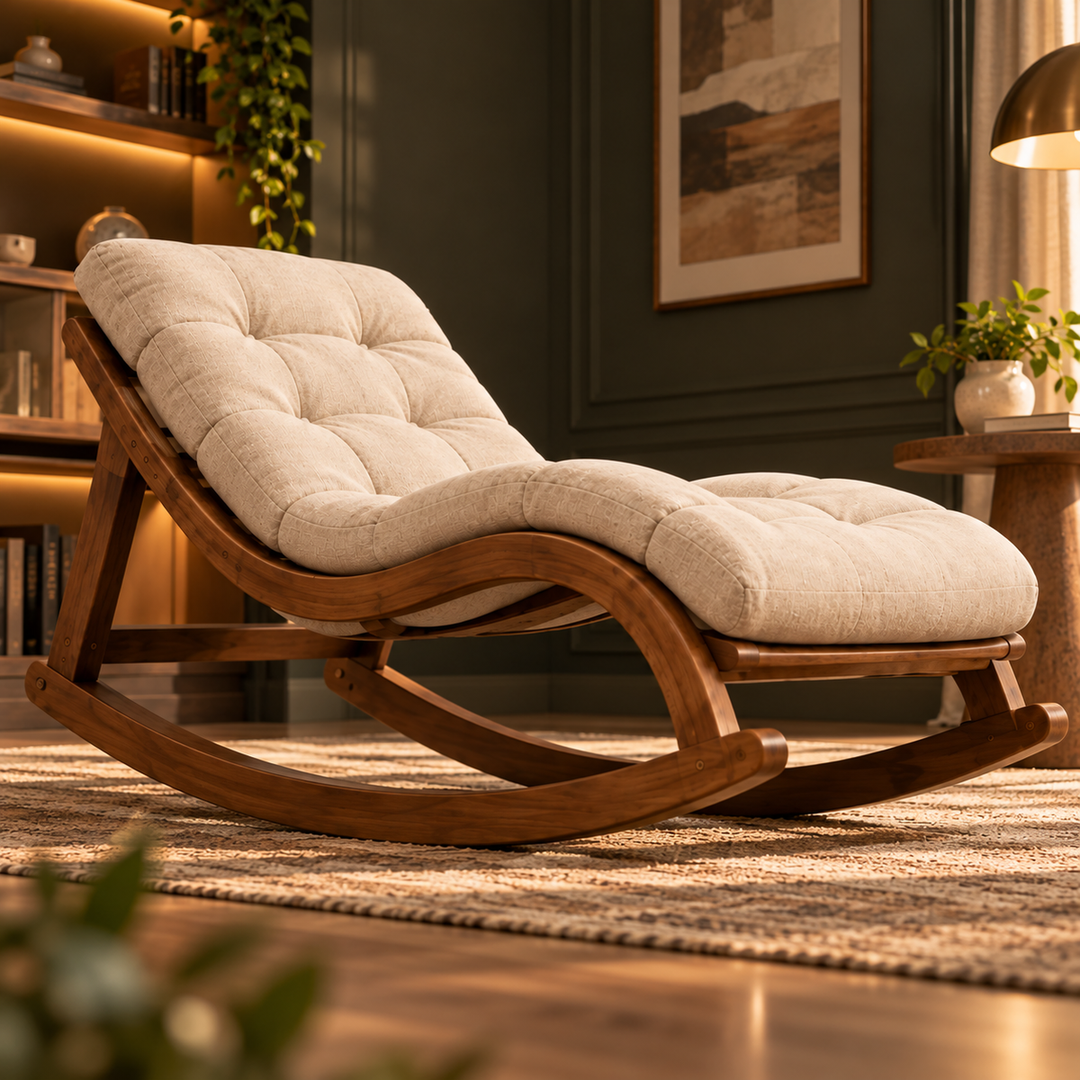 Wooden Rocking Chaise Lounge Chair with Tufted Beige Cushion, Walnut Finish Recliner for Living Room and Bedroom