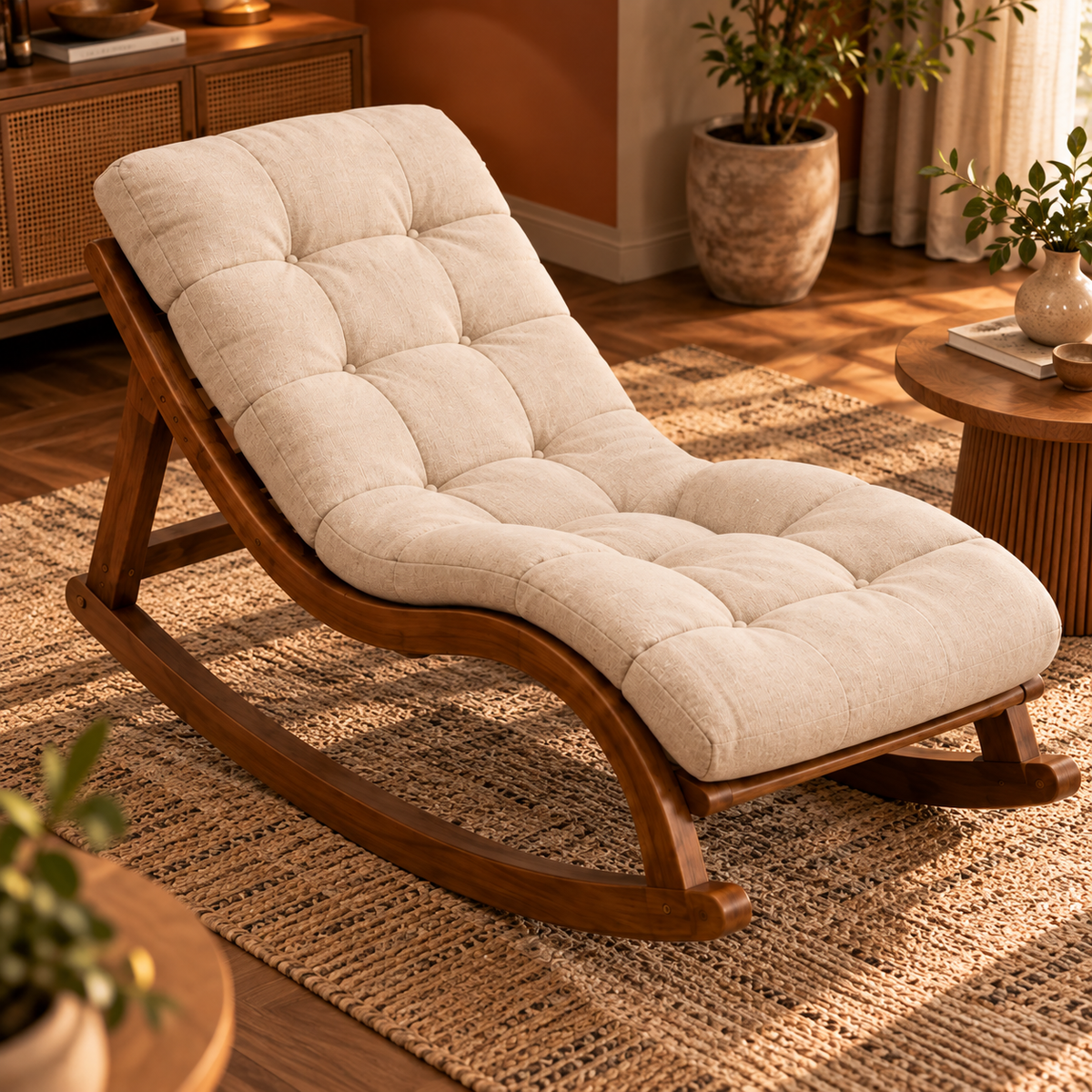 Wooden Rocking Chaise Lounge Chair with Tufted Beige Cushion, Walnut Finish Recliner for Living Room and Bedroom