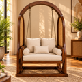 Wooden Swing Chair with Cane Panels and Cushions, Freestanding Arch Frame Swing Loveseat for Living Room, Bedroom, Balcony and Indoor Relaxation, Walnut Brown