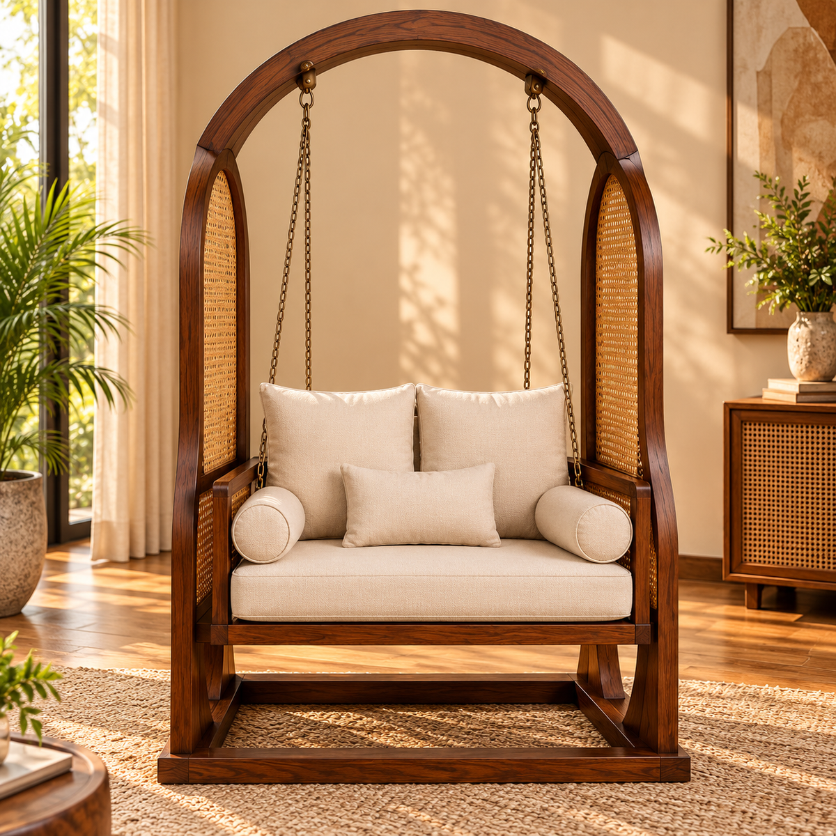 Wooden Swing Chair with Cane Panels and Cushions, Freestanding Arch Frame Swing Loveseat for Living Room, Bedroom, Balcony and Indoor Relaxation, Walnut Brown