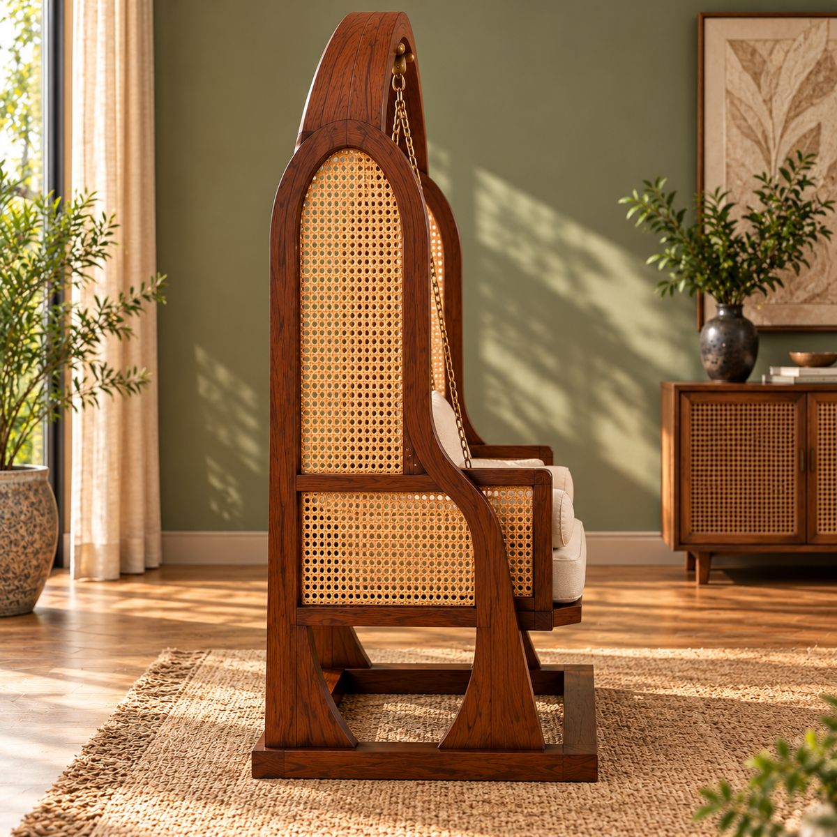 Wooden Swing Chair with Cane Panels and Cushions, Freestanding Arch Frame Swing Loveseat for Living Room, Bedroom, Balcony and Indoor Relaxation, Walnut Brown