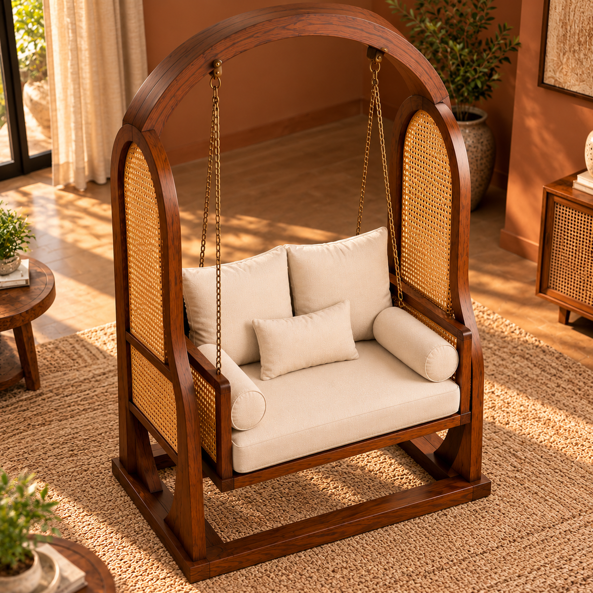 Wooden Swing Chair with Cane Panels and Cushions, Freestanding Arch Frame Swing Loveseat for Living Room, Bedroom, Balcony and Indoor Relaxation, Walnut Brown
