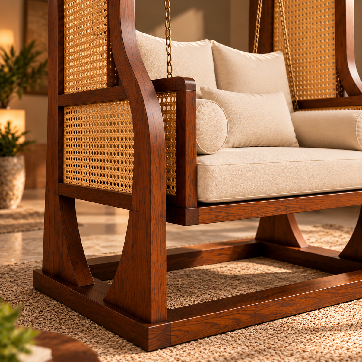 Wooden Swing Chair with Cane Panels and Cushions, Freestanding Arch Frame Swing Loveseat for Living Room, Bedroom, Balcony and Indoor Relaxation, Walnut Brown